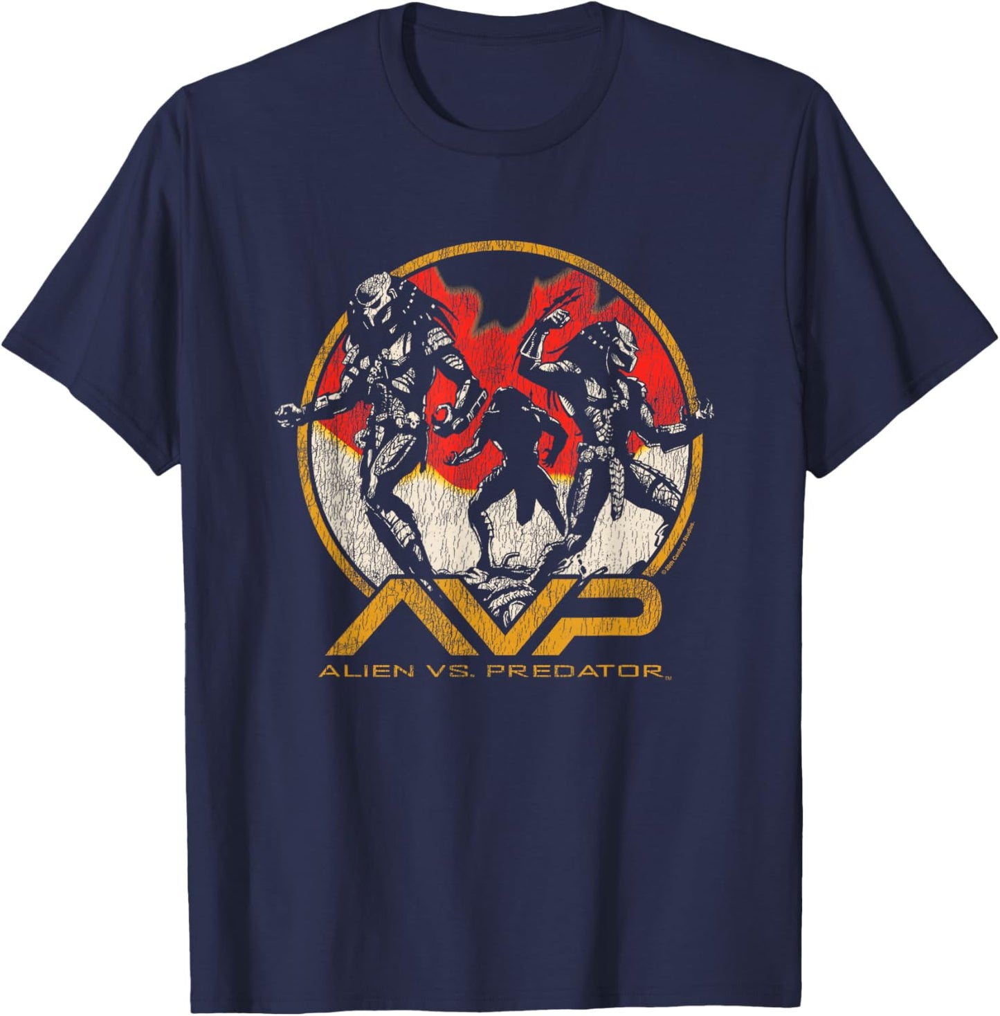 Alien Vs Predator Three Predators Fighting Big Retro Poster T-Shirt - T-Shirt | Navy