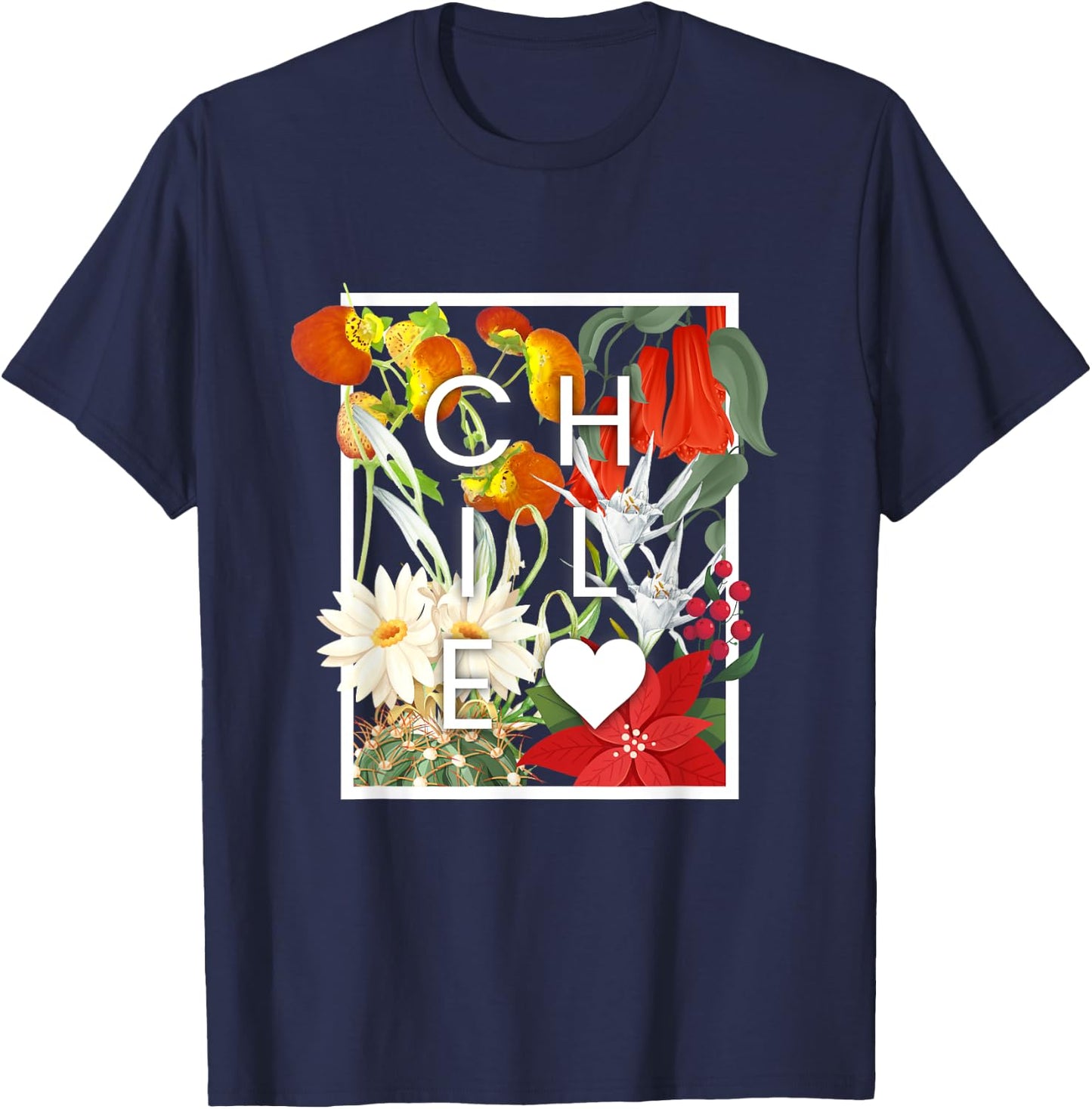 Flowers of Chile Word Art - Chilean Pride T-Shirt - T-Shirt | Navy