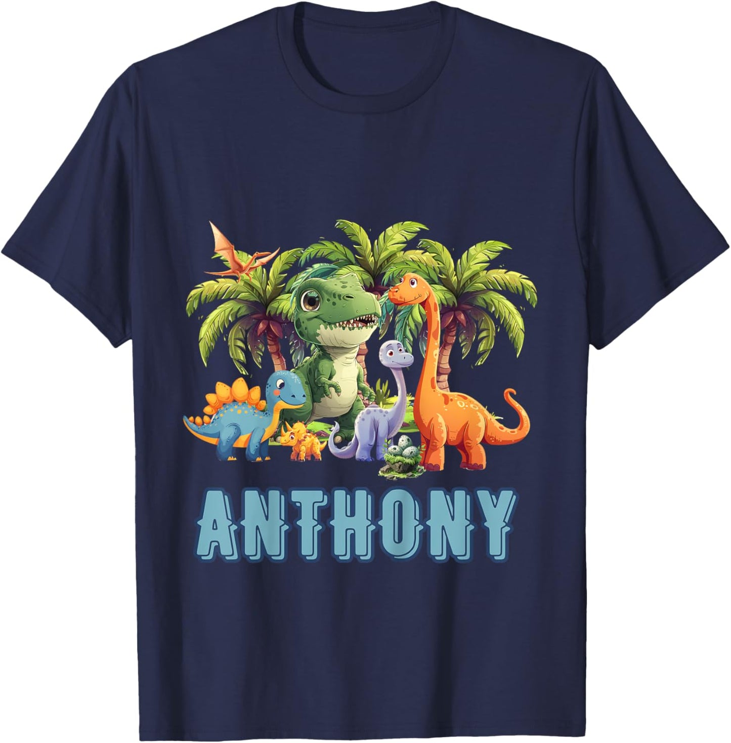 Kids ANTHONY Name Dinosaur Themed Baby Boy Toddler Cute Fun T-Shirt - T-Shirt | Navy