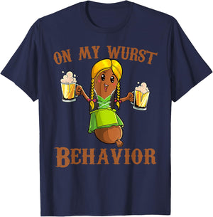 On My Wurst Behavior Bratwurst German Oktoberfest Funny T-Shirt - T-Shirt | Navy