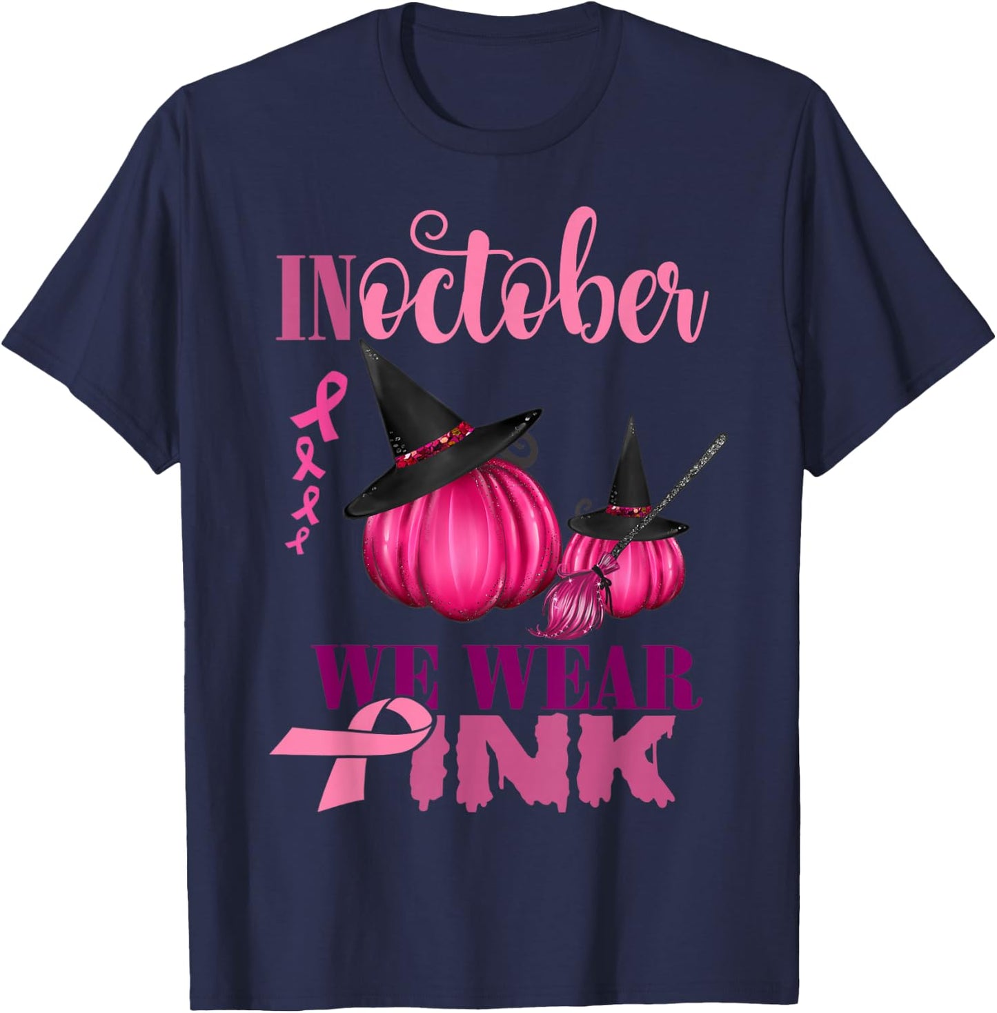In October We Wear Pink Pumpkin Breast Cancer Halloween T-Shirt - T-Shirt | Navy