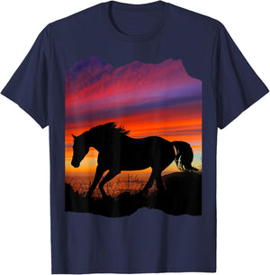 Beautiful Arabian horse sunset silhouette orange purple blue T-Shirt - T-Shirt | Navy