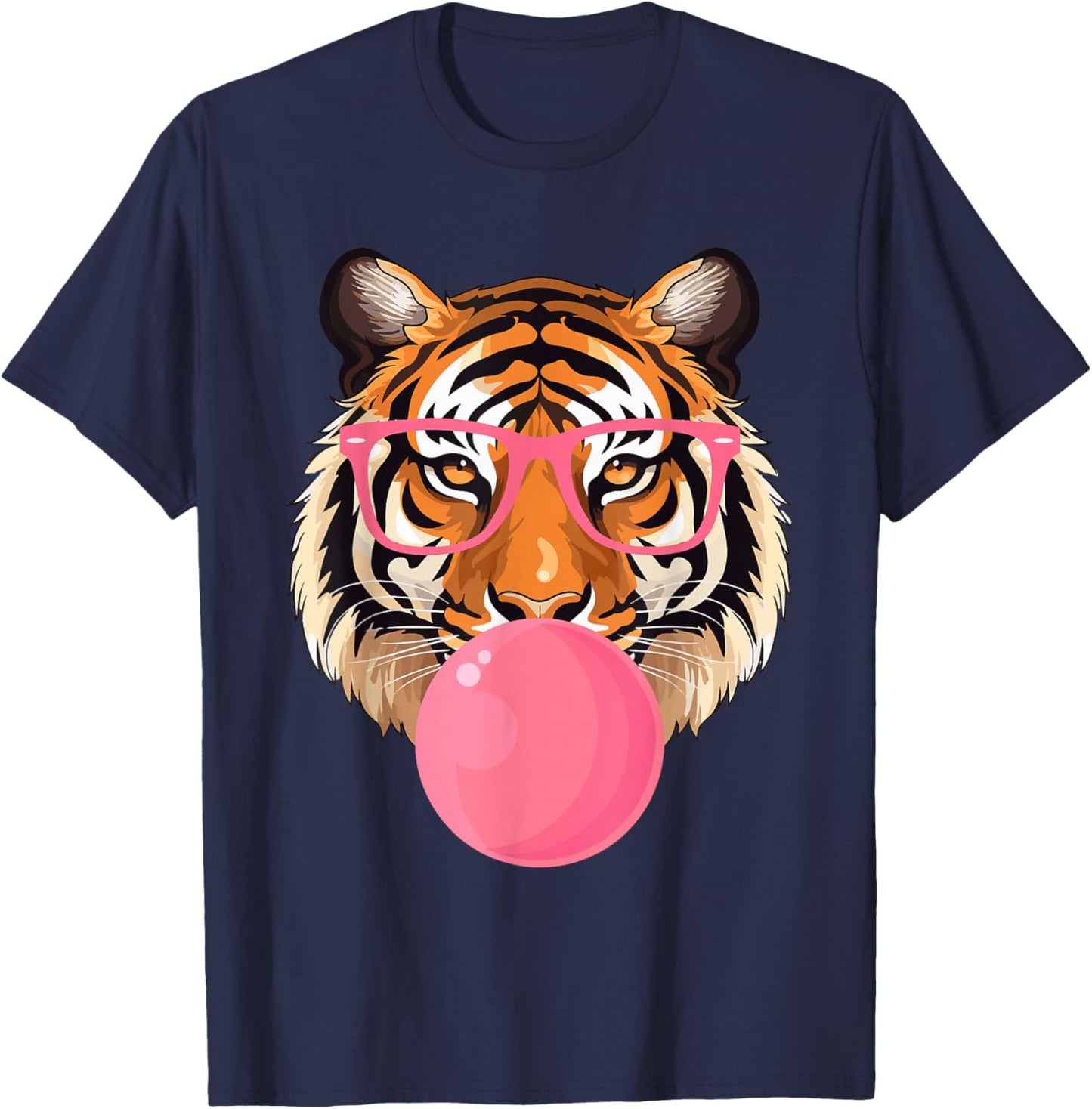 Funny Tiger Glasses Blowing Bubble Gum Cute Tiger Face T-Shirt - T-Shirt | Navy