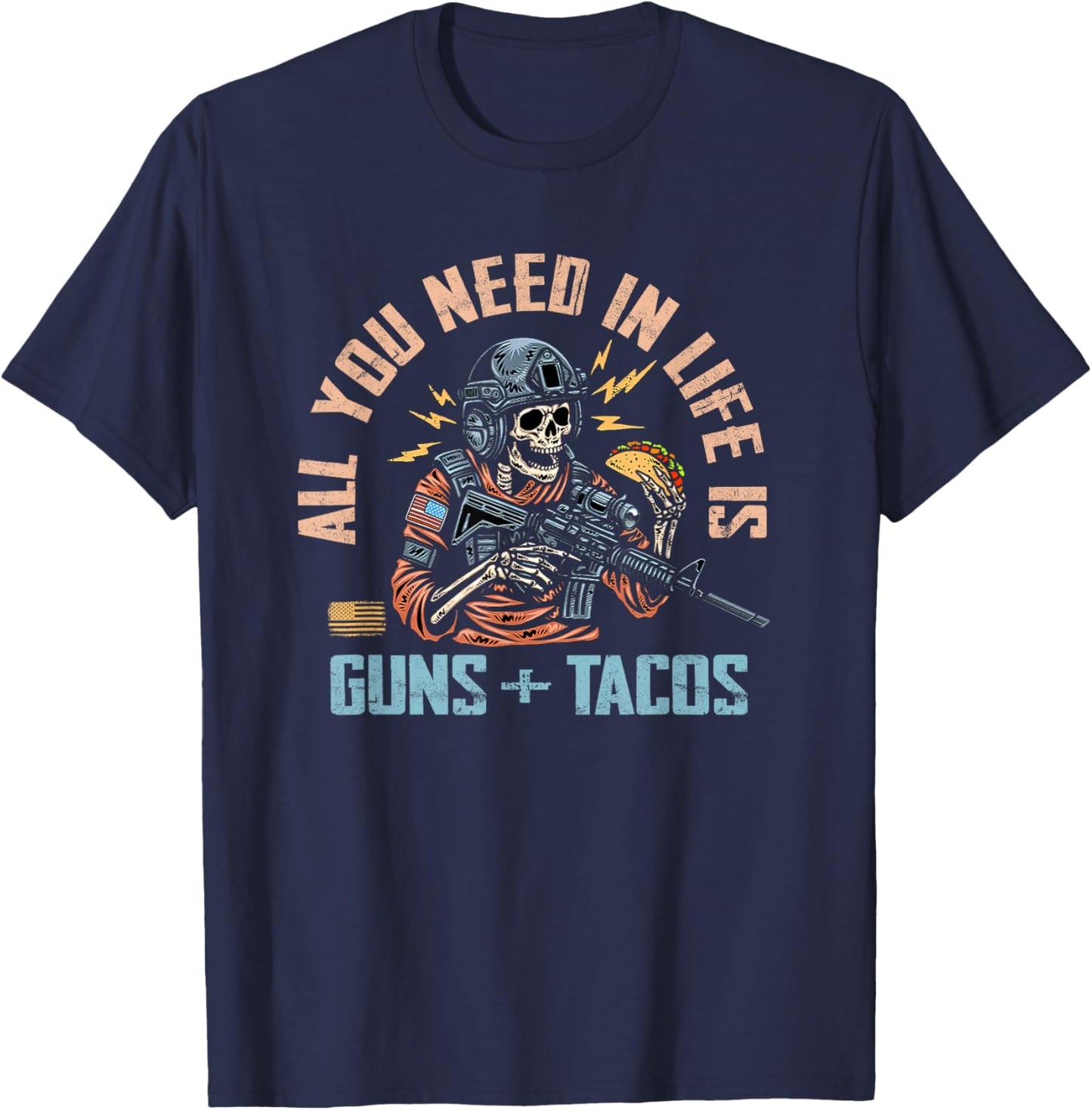 All You Need In Life Is Guns And Tacos Retro Skeleton T-Shirt - T-Shirt | Navy