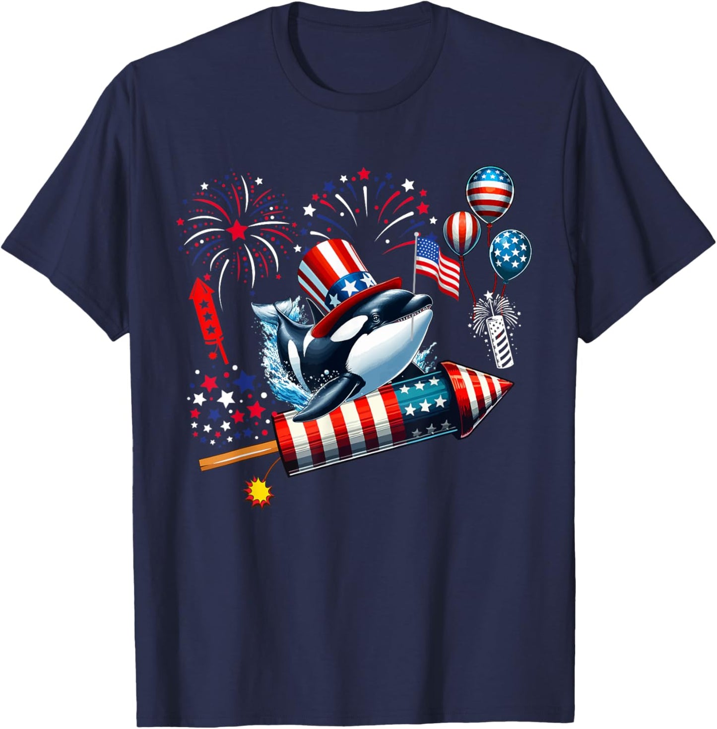 Orca Riding Firecracker US Flag 4th Of July Fireworks T-Shirt - T-Shirt | Navy