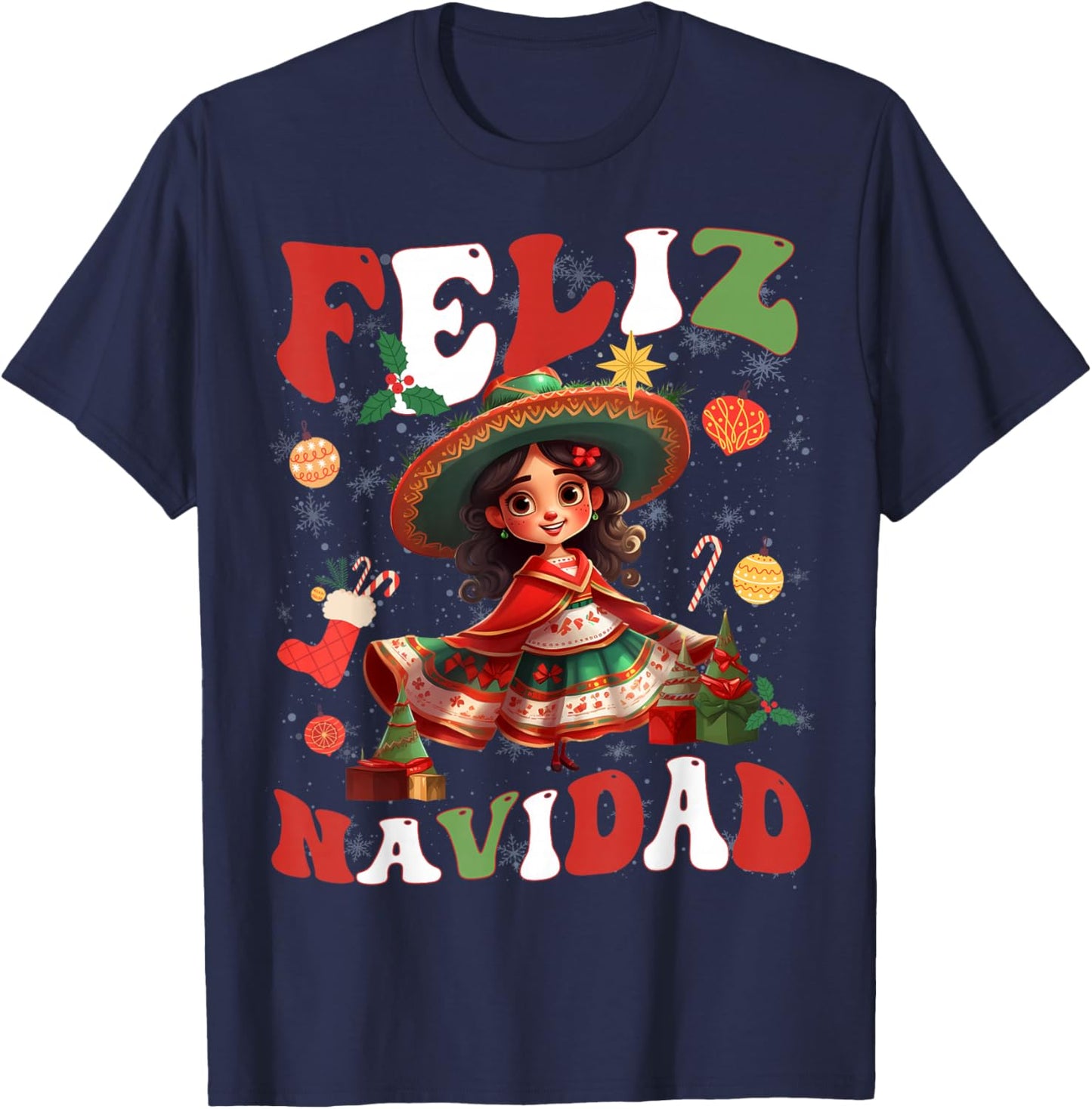 Girls Vintage Feliz Navidad Retro Christmas Spanish Xmas T-Shirt - T-Shirt | Navy