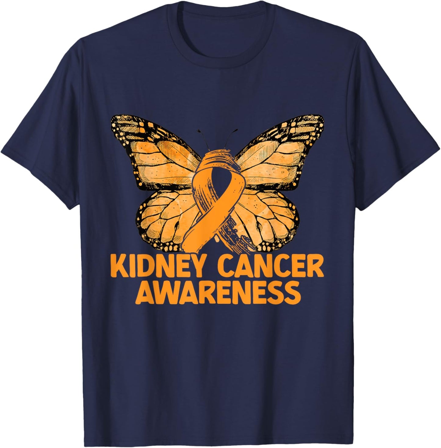 Kidney Cancer Awareness Butterfly Orange Ribbon T-Shirt - T-Shirt | Navy