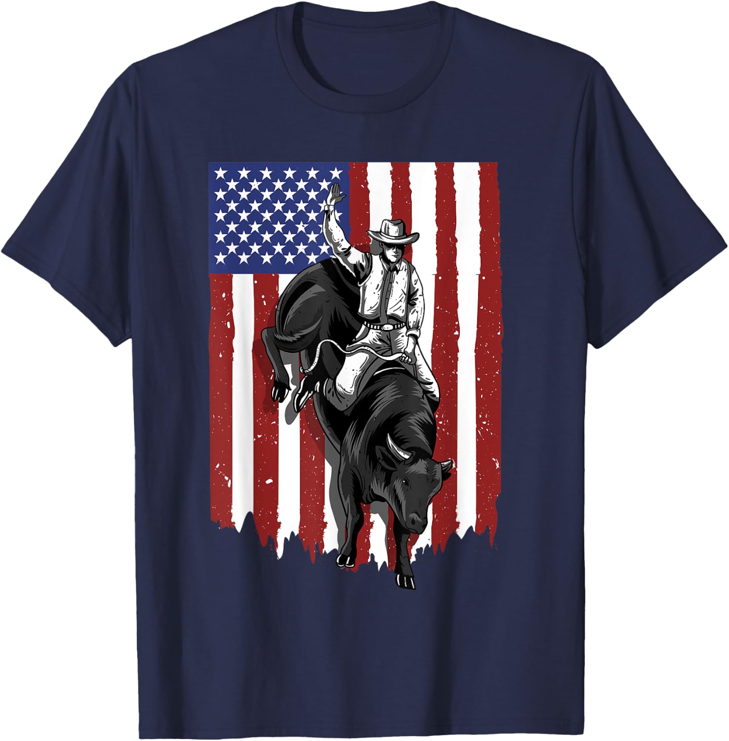 Rodeo Bull Rider Patriotic American USA Flag For Cowboys T-Shirt - T-Shirt | Navy