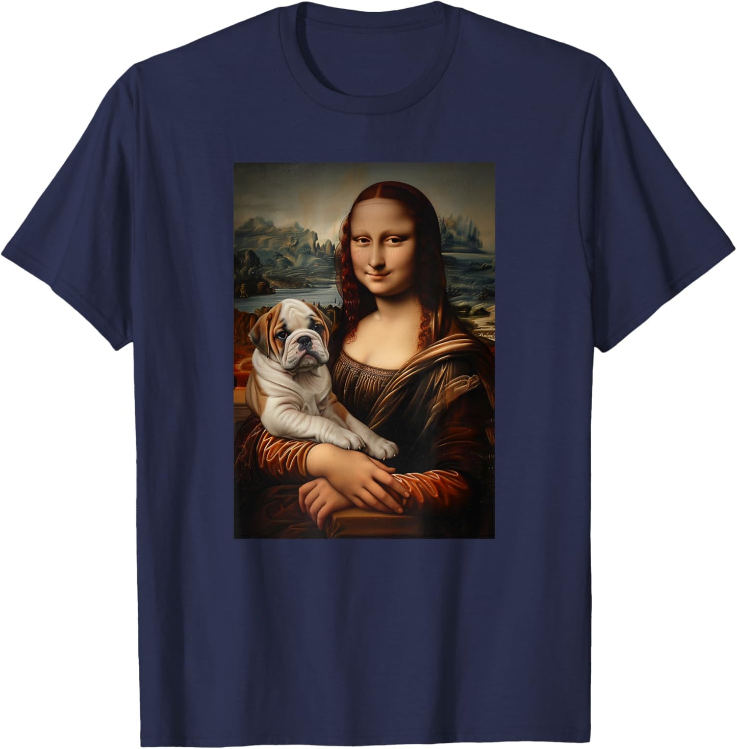 English Bulldog Mona Lisa Painting Art Dog Mom Dad Women Girls Kids T-Shirt - T-Shirt | Navy
