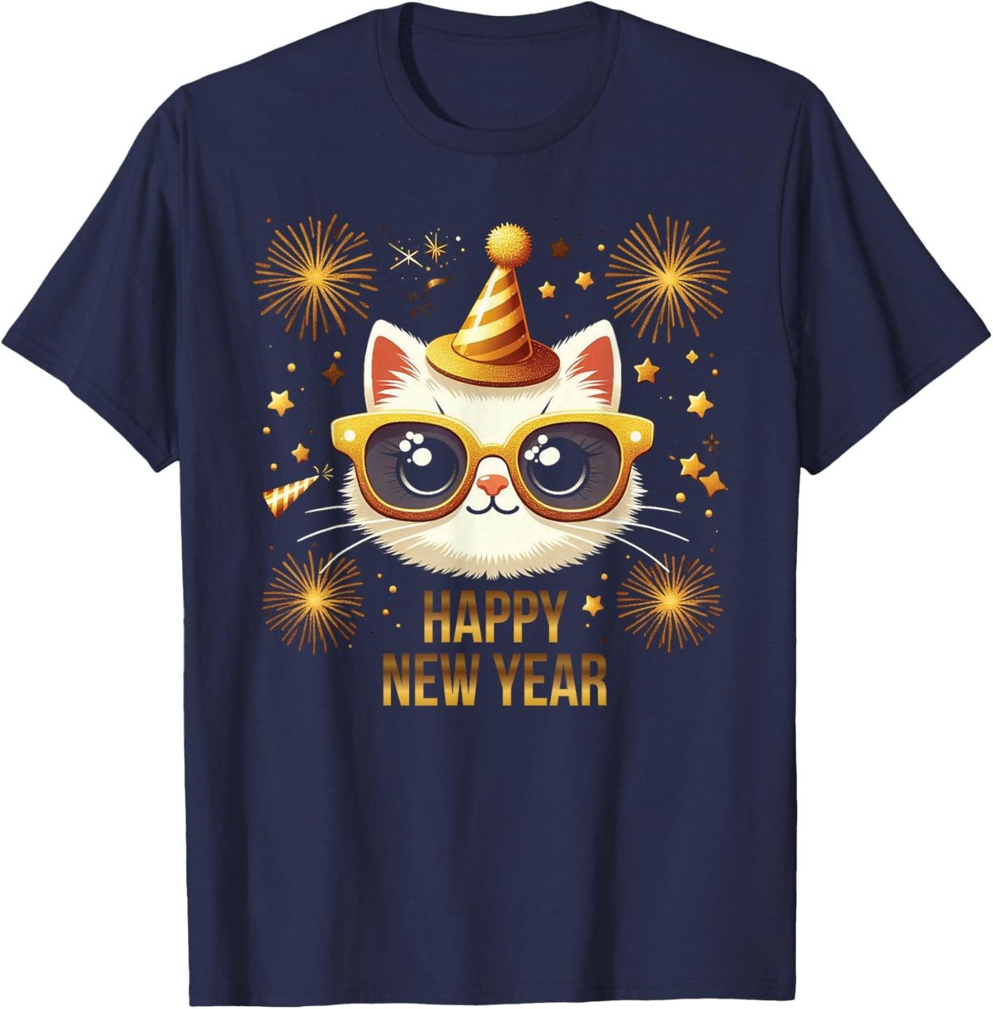 Happy New Year Cat Fireworks New Years Eve Party T-Shirt - T-Shirt | Navy