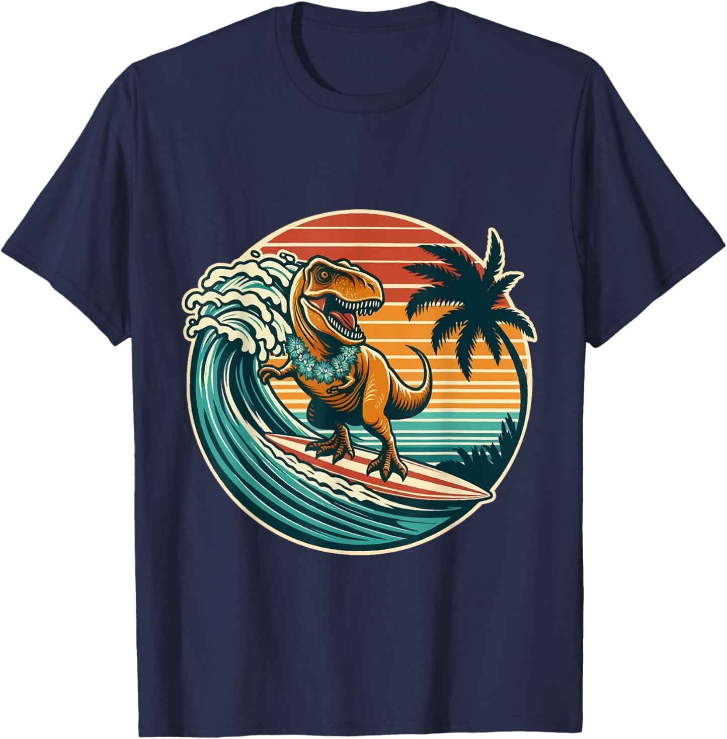 Surfing Trex Hawaiian Dinosaur Surfboard Retro Surf Lovers T-Shirt - T-Shirt | Navy