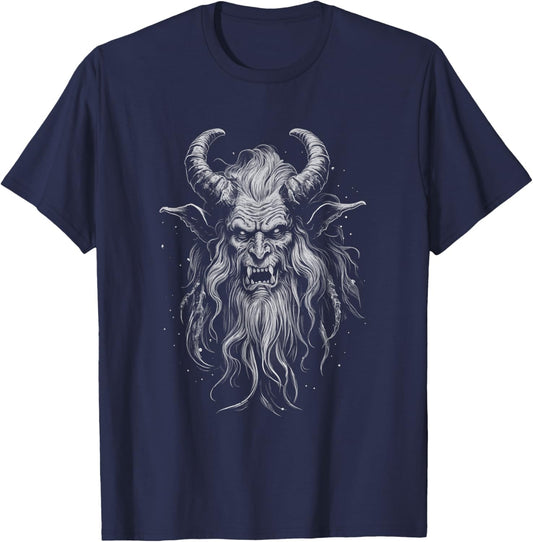 Vintage Krampus Creepy Christmas Black and White Graphic T-Shirt - T-Shirt | Navy