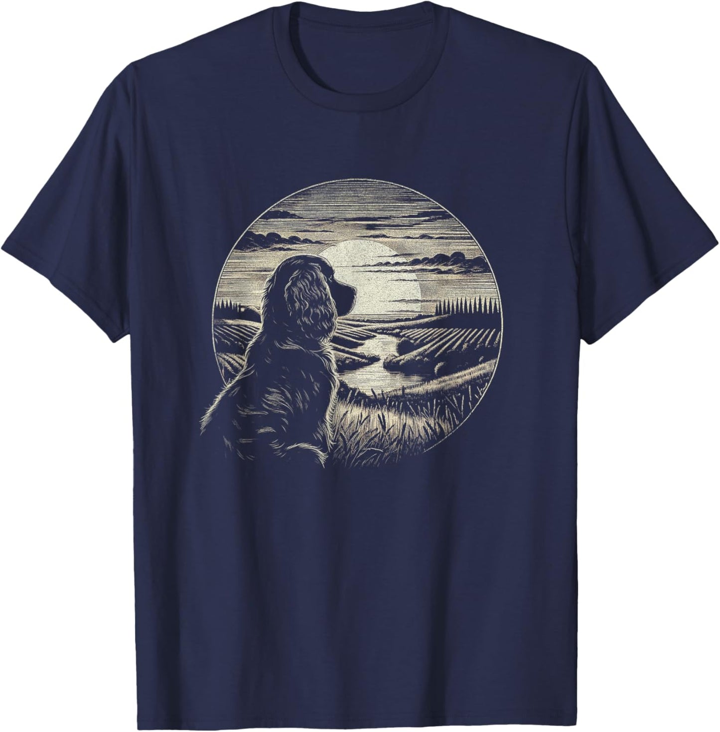 Vintage Boykin Spaniel Dog Retro Sunset Scene Art Design T-Shirt - T-Shirt | Navy