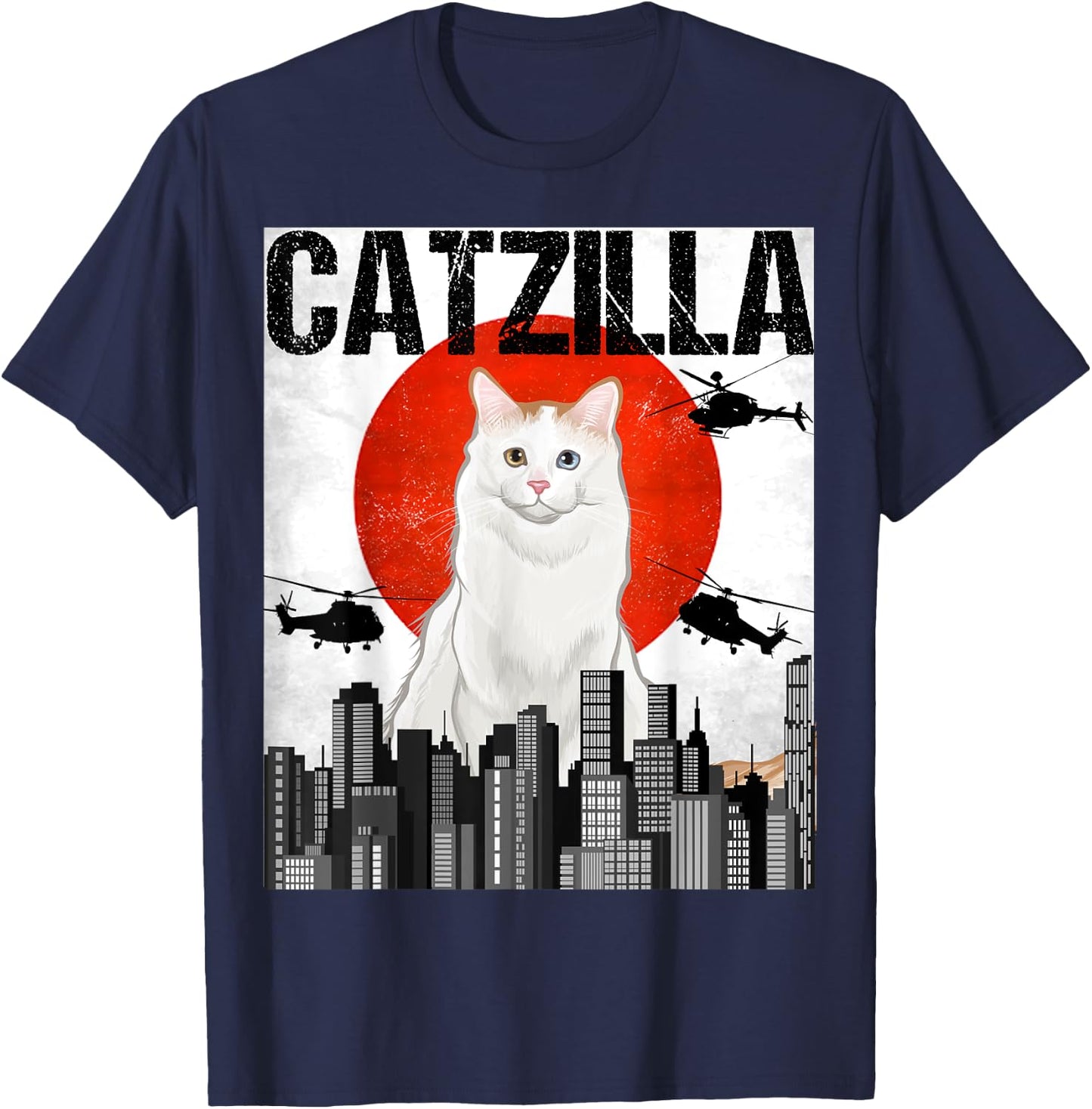 Funny Vintage Japanese Catzilla Turkish Van Cat Men Women Kids T-Shirt - T-Shirt | Navy
