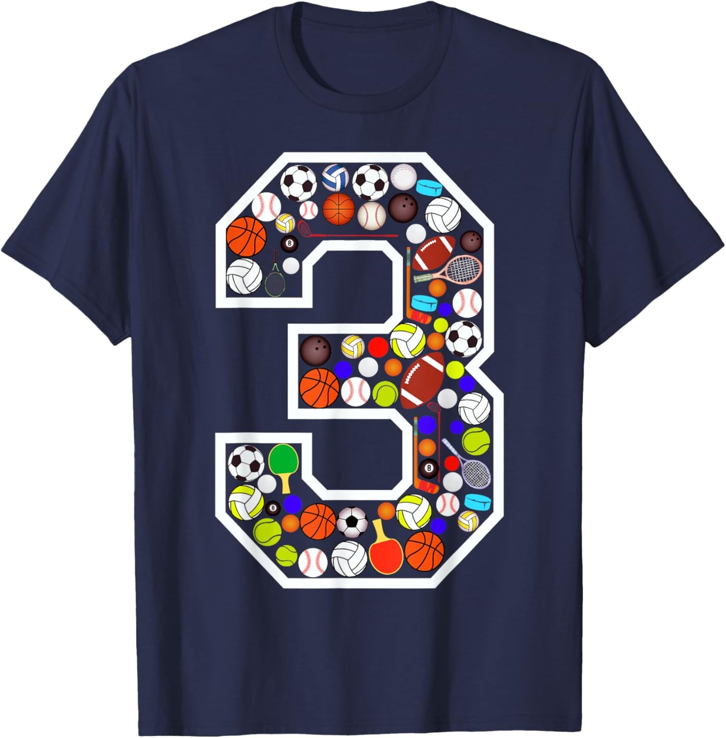 Kids 3rd Birthday Sports Big Number Three 3 Year Old Boy T-Shirt - T-Shirt | Navy