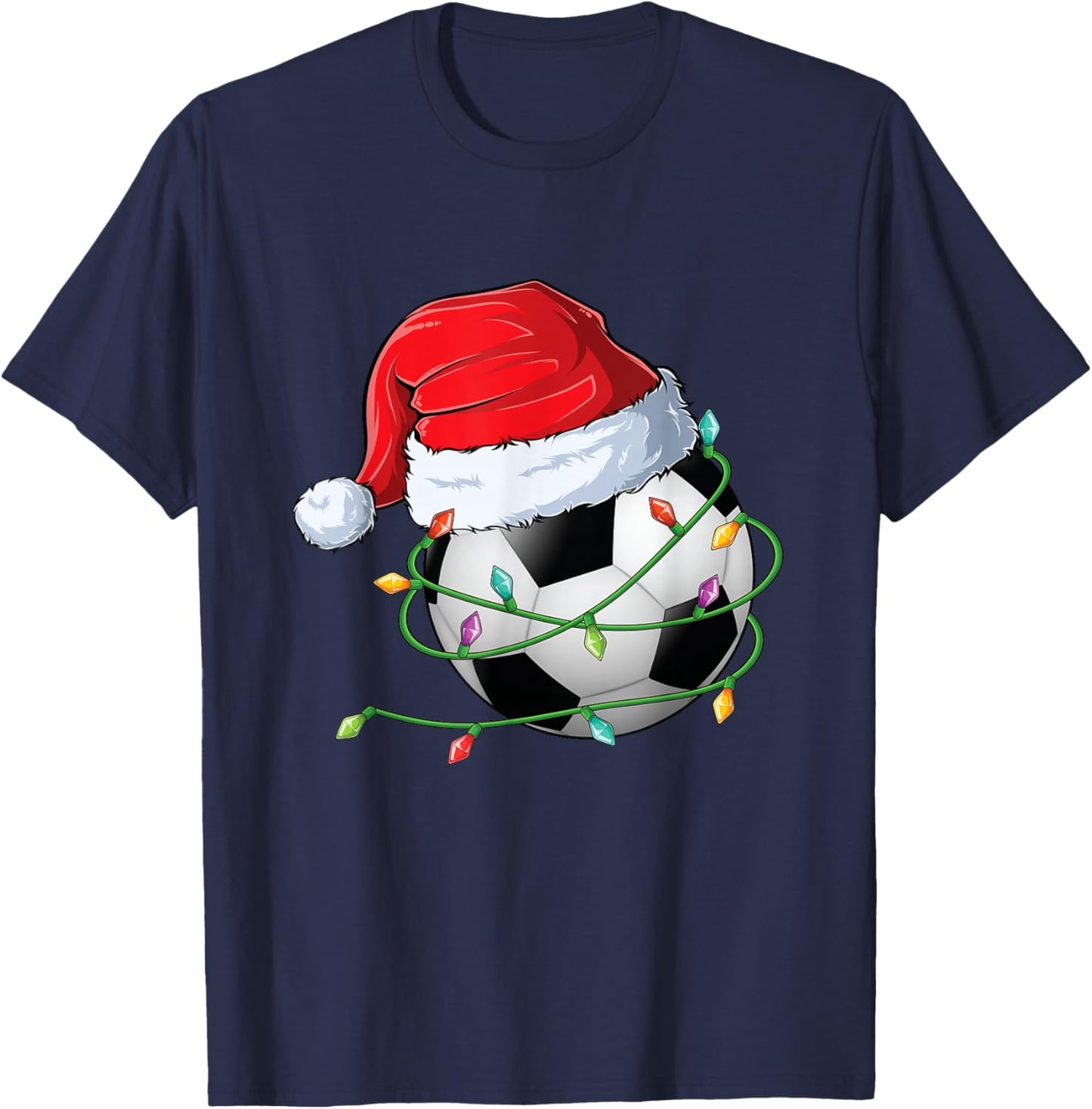 Christmas Soccer Santa Hat wrapped in Holiday Lights T-Shirt - T-Shirt | Navy