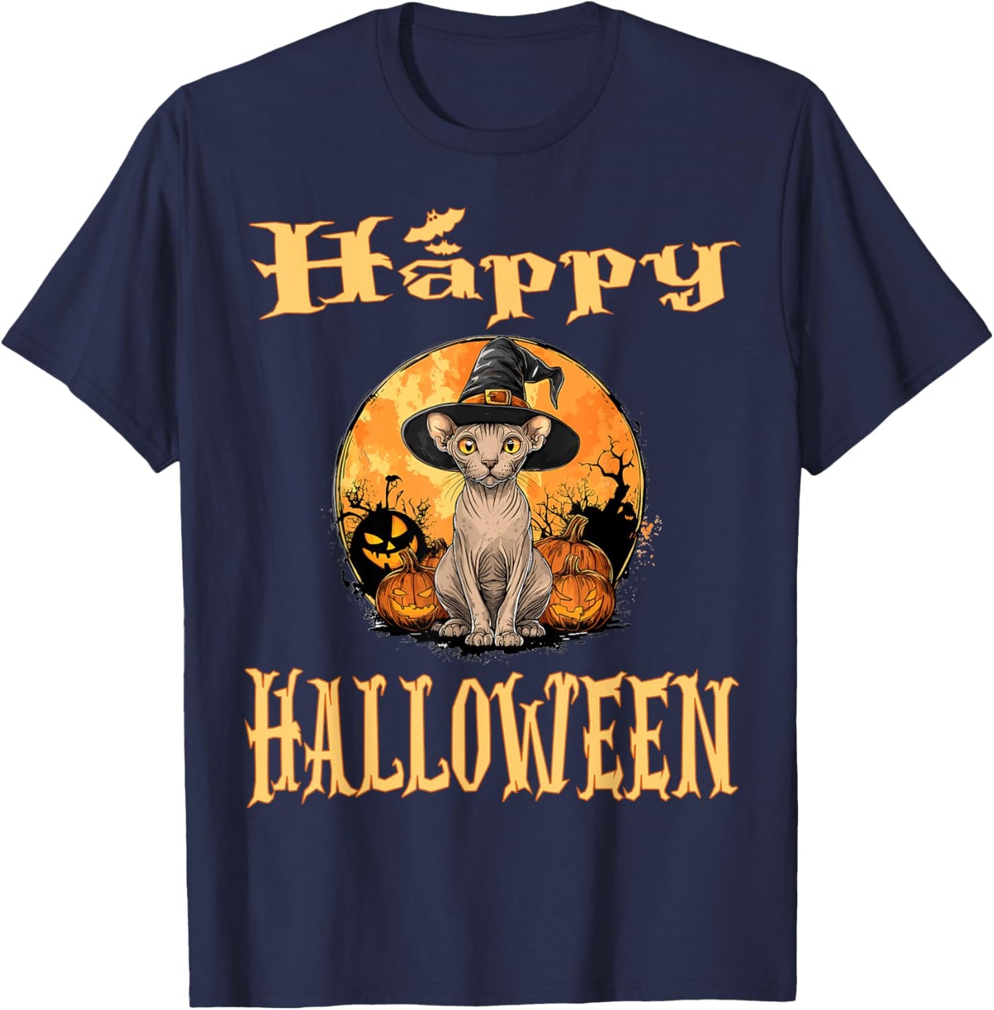 Sphynx Cat Animal Whitch Hat Halloween Pumpkin Spooky Happy Women Kids T-Shirt - T-Shirt | Navy
