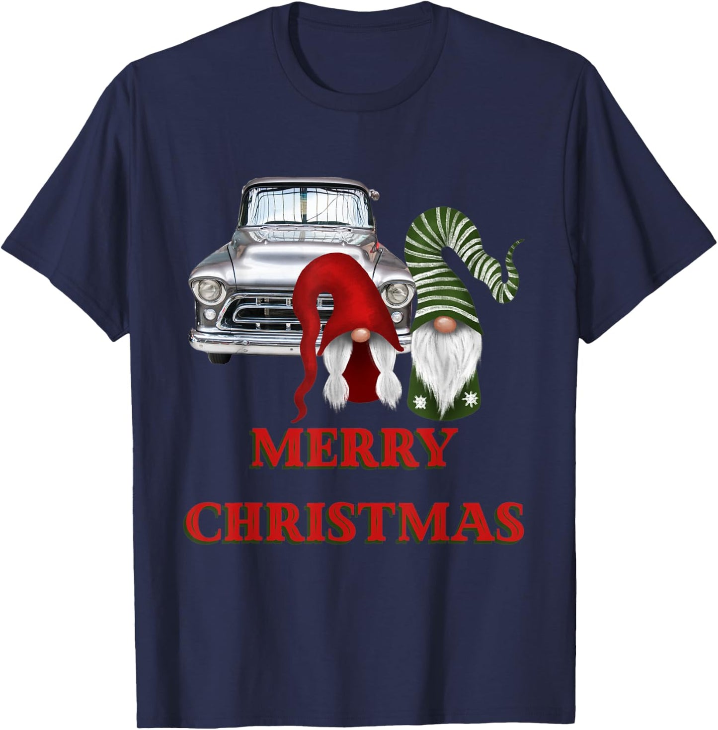 Merry Gnome Couple Old Pickup Truck Christmas Hotrod Holiday T-Shirt - T-Shirt | Navy