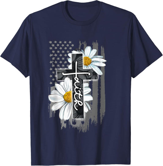 Faith American Flag Daisy Christian Faith Jesus God Lover T-Shirt - T-Shirt | Navy