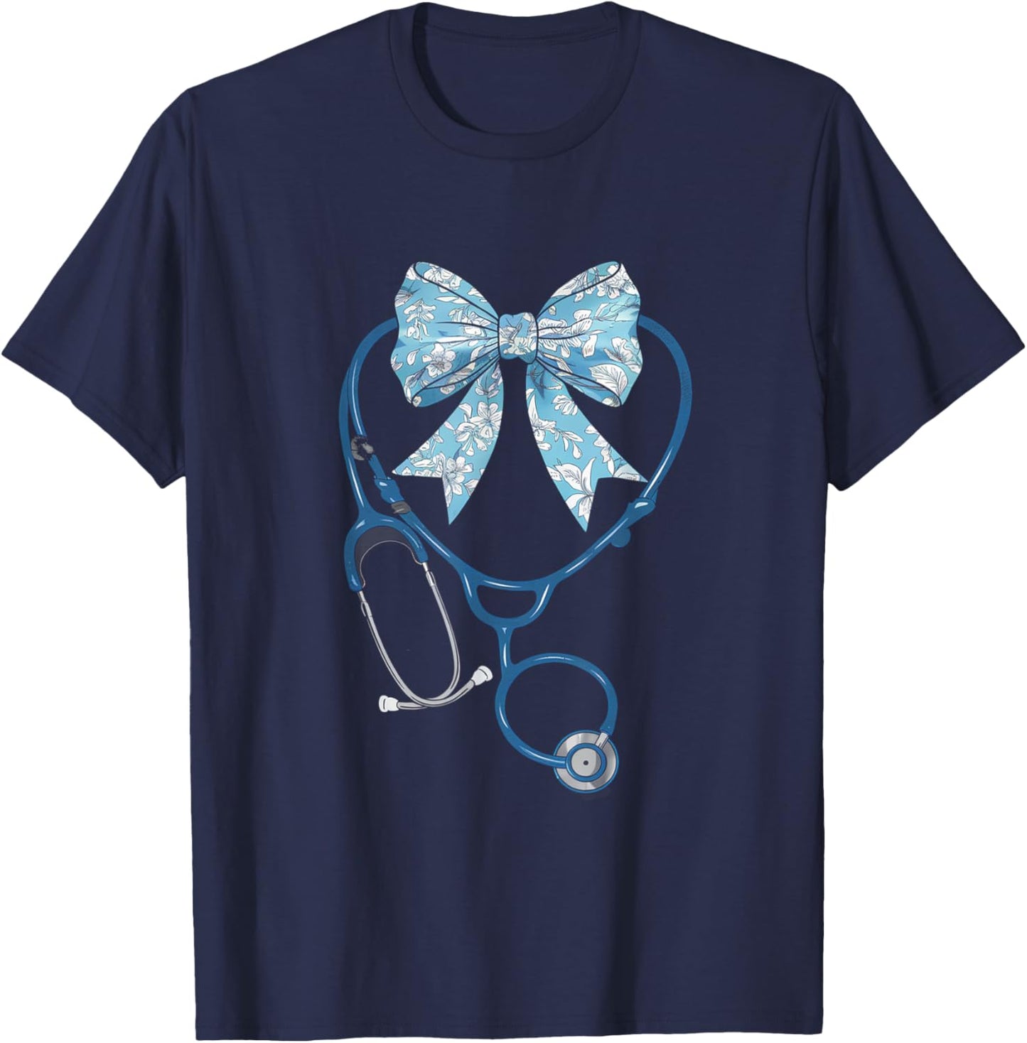 Toile Nurse Bow Blue Coquette Nurse Stethoscope Bow T-Shirt - T-Shirt | Navy