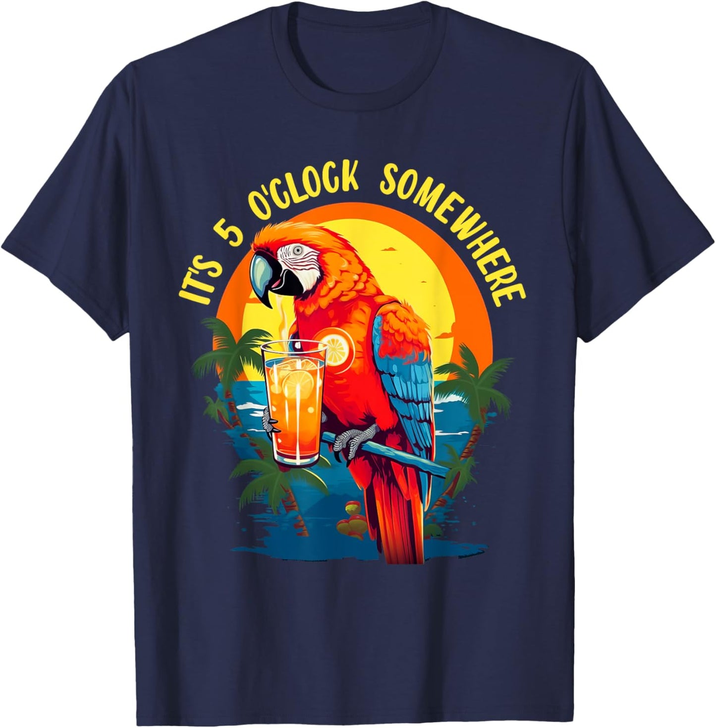 It's 5 O'clock Somewhere Drinking Parrot Cocktail Summer Women T-Shirt - T-Shirt | Navy