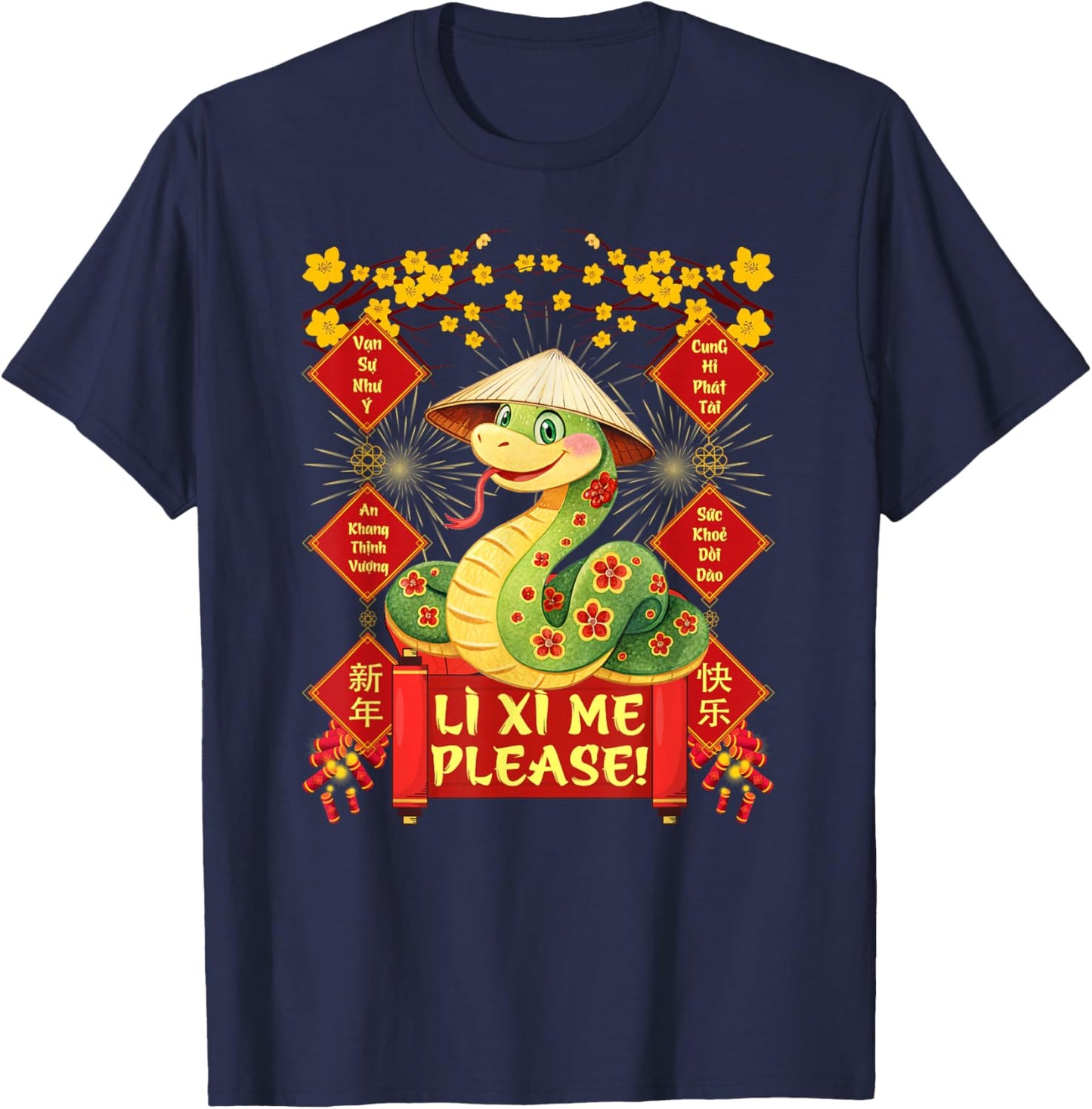 Li Xi Me Please Happy Tet Chuc Mung Nam Moi 2025 Adults Kids Black Small T-Shirt - T-Shirt | Navy