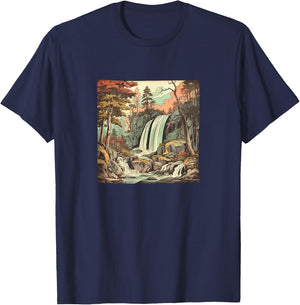 Waterfall In A Forest Vintage Landscape Graphic T-Shirt - T-Shirt | Navy