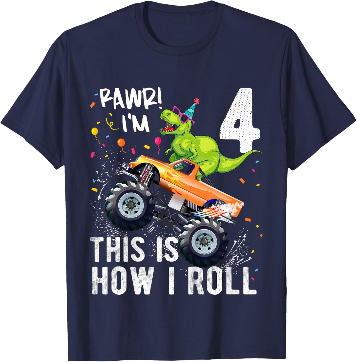 T Rex Dinosaur Monster Truck 4th Birthday Boys and Girls T-Shirt - T-Shirt | Navy