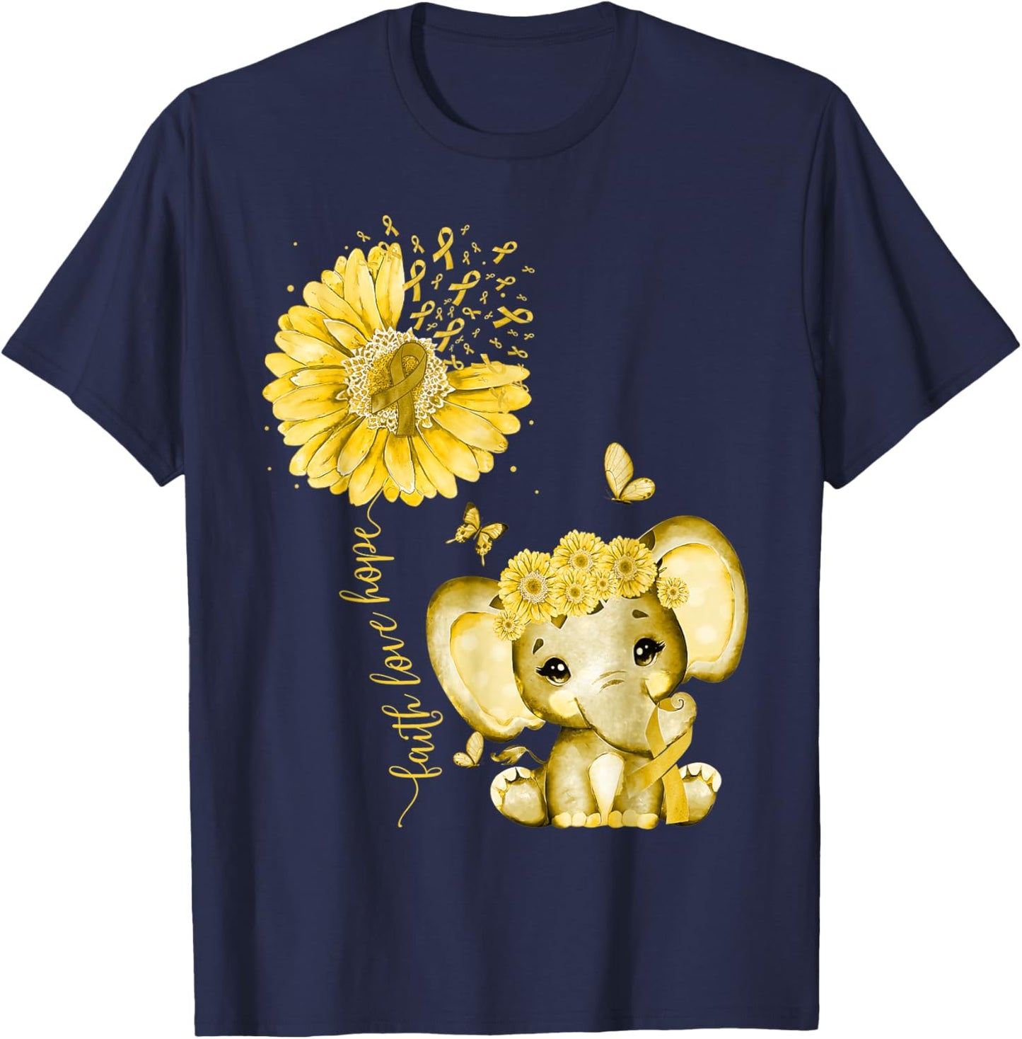 Childhood Cancer Cute Elephant With Sunflower Gold Ribbon T-Shirt - T-Shirt | Navy