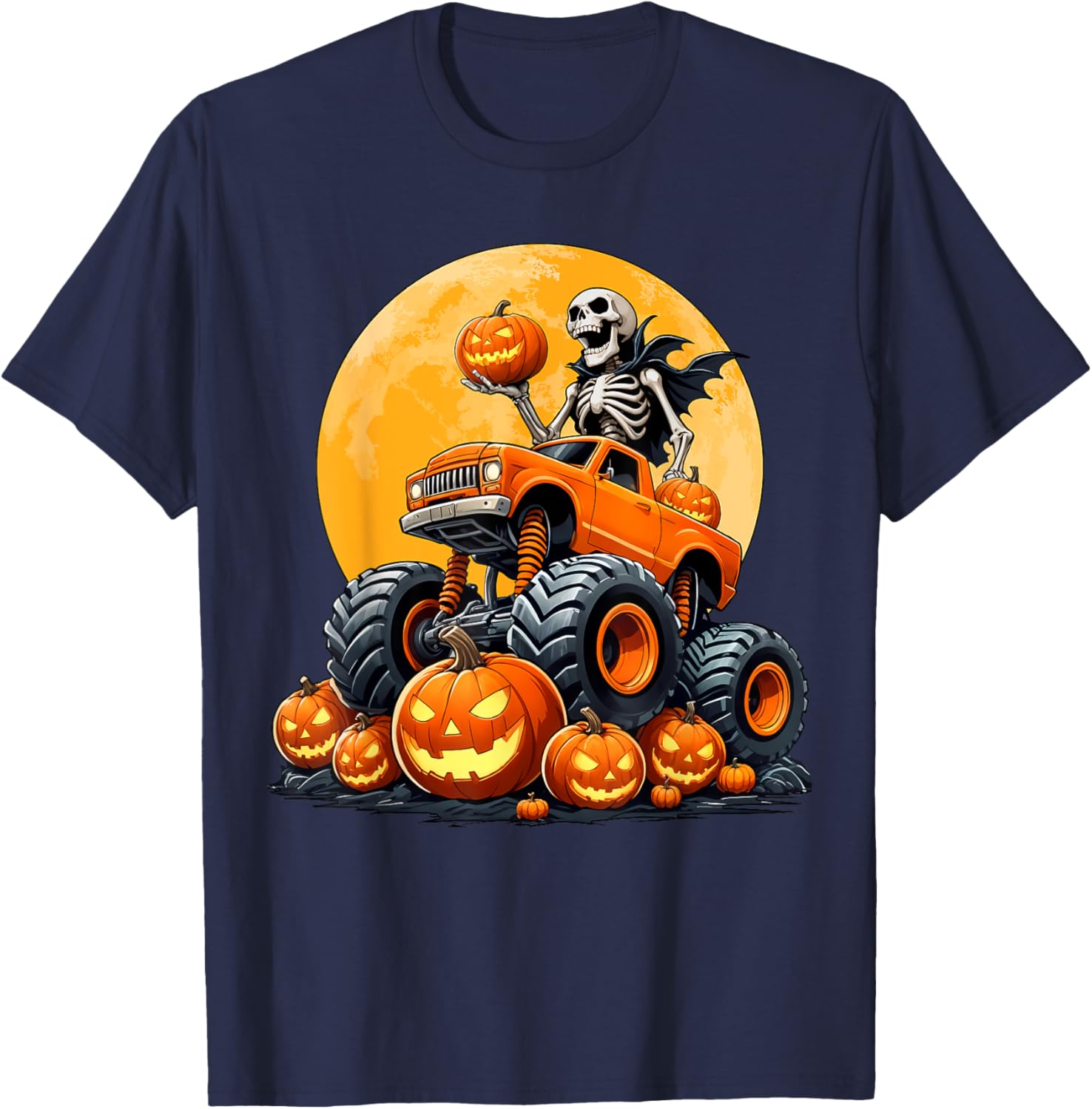 Skeleton Riding Monster Truck Halloween Pumpkin Kids Toddler T-Shirt - T-Shirt | Navy