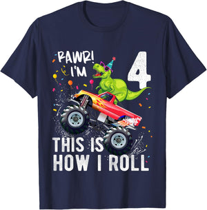 Kids T Rex Dinosaur Monster Truck 4th Birthday Boys and Girls T-Shirt - T-Shirt | Navy