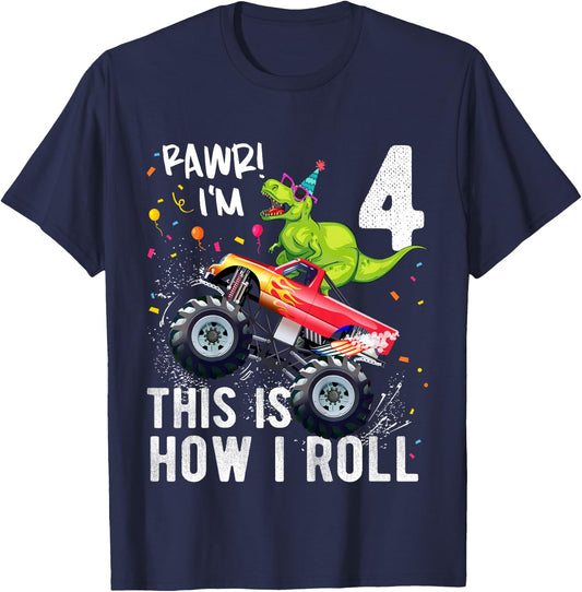 Kids T Rex Dinosaur Monster Truck 4th Birthday Boys and Girls T-Shirt - T-Shirt | Navy