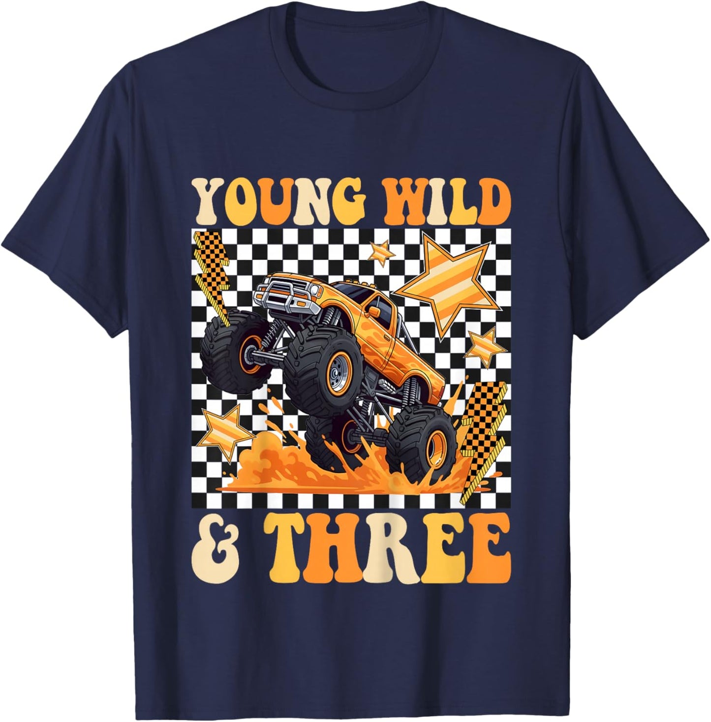 3rd Birthday Monster Truck Young Wild and Three Checkered T-Shirt - T-Shirt | Navy