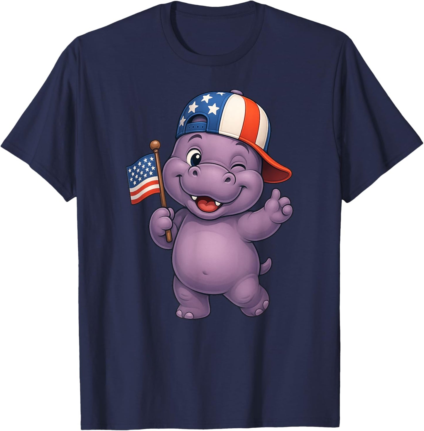 Hippo USA Flag 4th July Independence Day Boys Girls Kids T-Shirt - T-Shirt | Navy