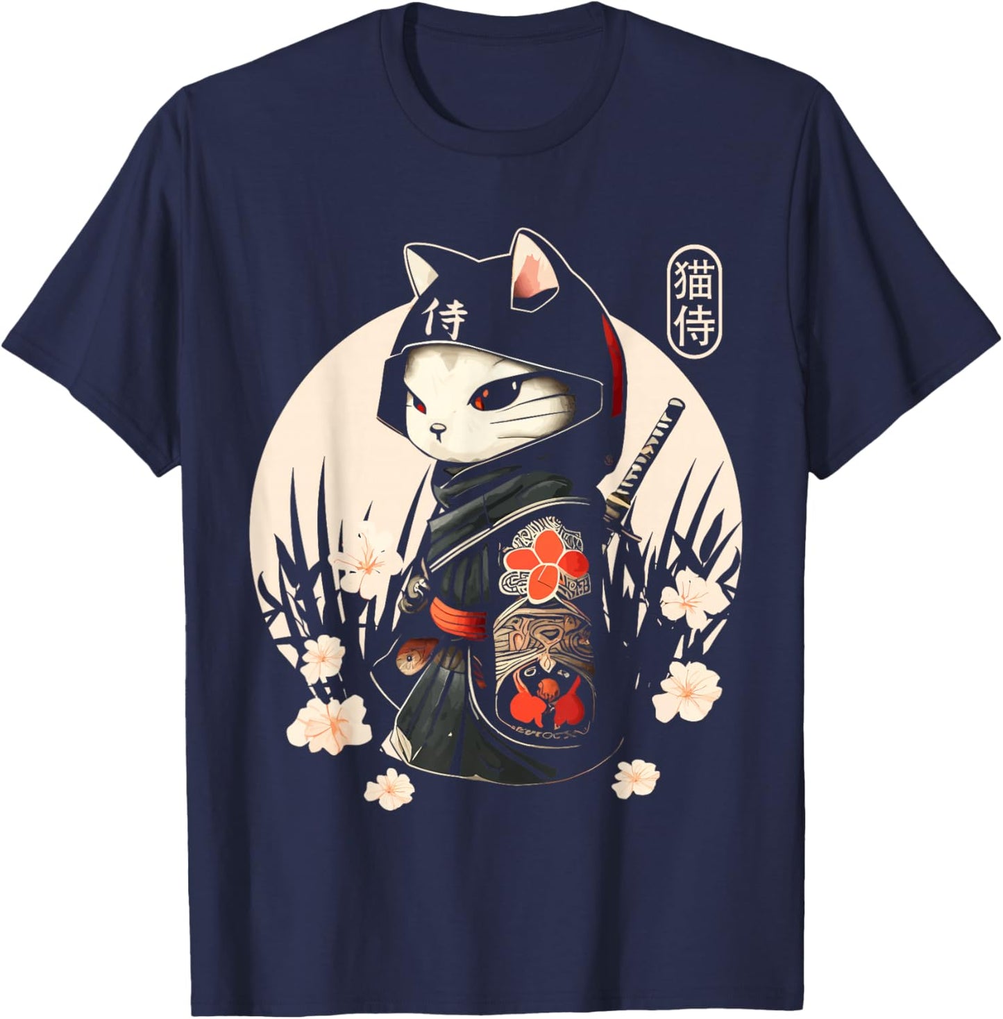Japanese Samurai Cat Tattoo, Kawaii Ninja Cat T-Shirt - T-Shirt | Navy