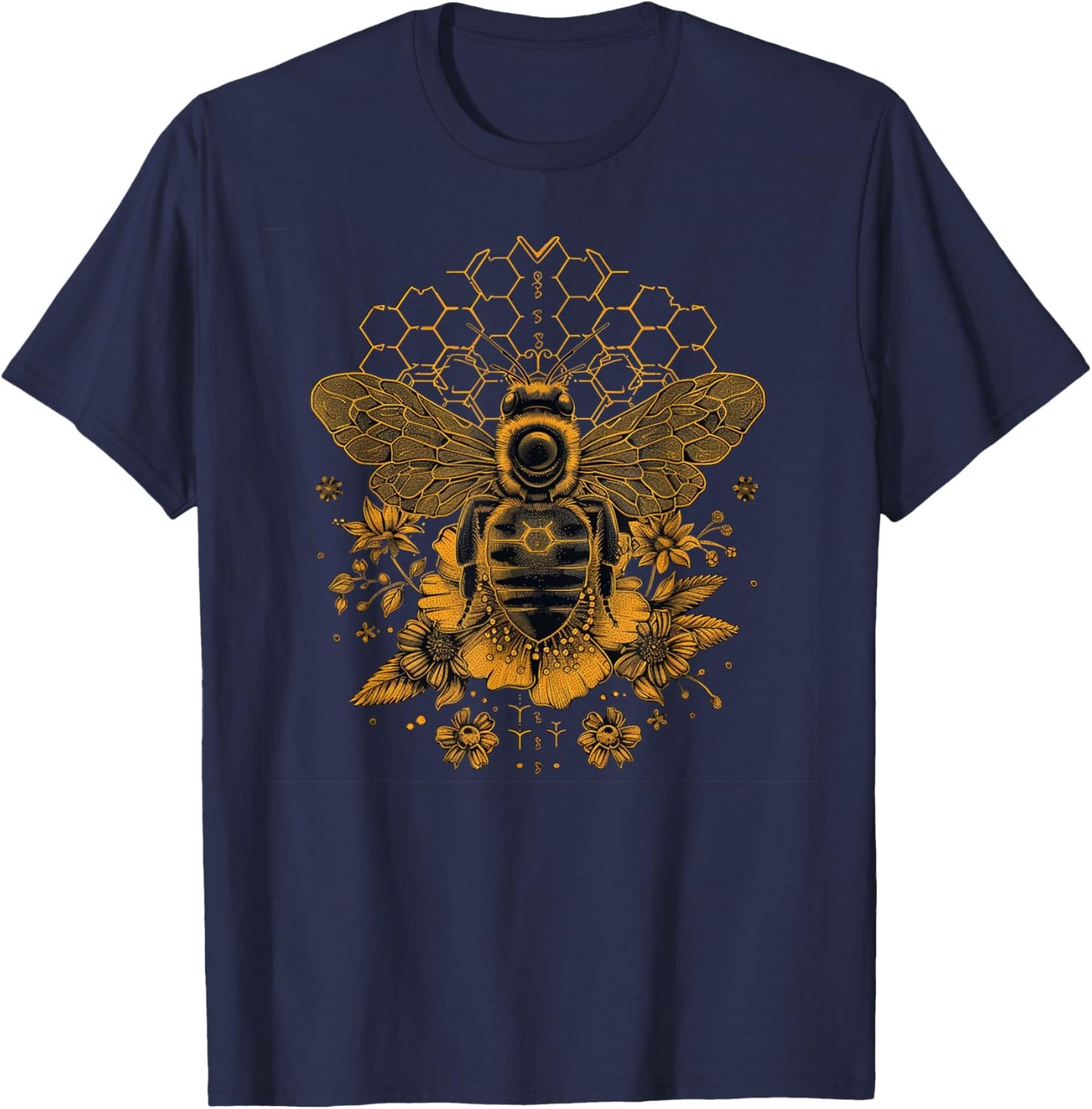 Honeybee Harmony: Floral Sacred Geometry Honeycomb and Bee T-Shirt - T-Shirt | Navy