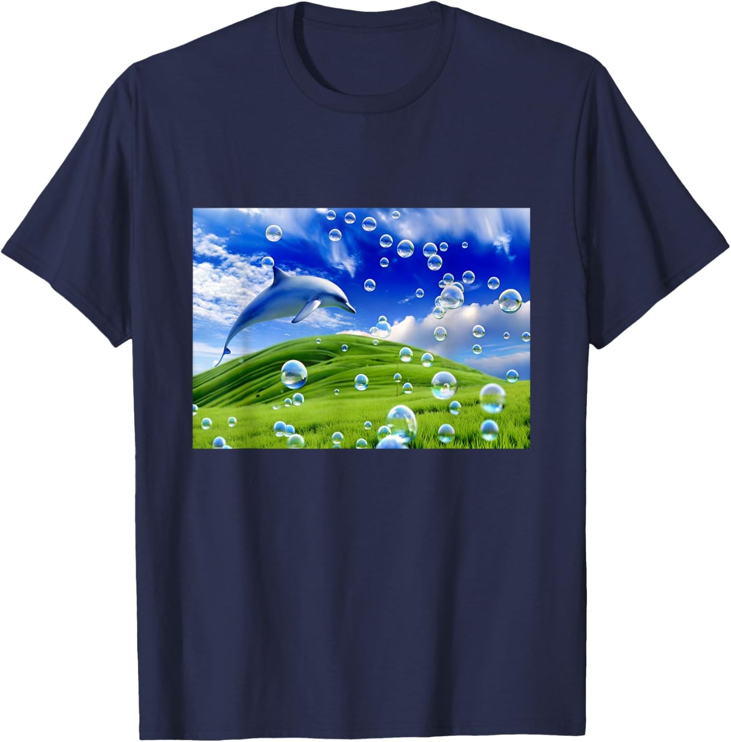 Frutiger Aero Dolphin Meadow Aesthetic y2k 2000s Ironic T-Shirt - T-Shirt | Navy
