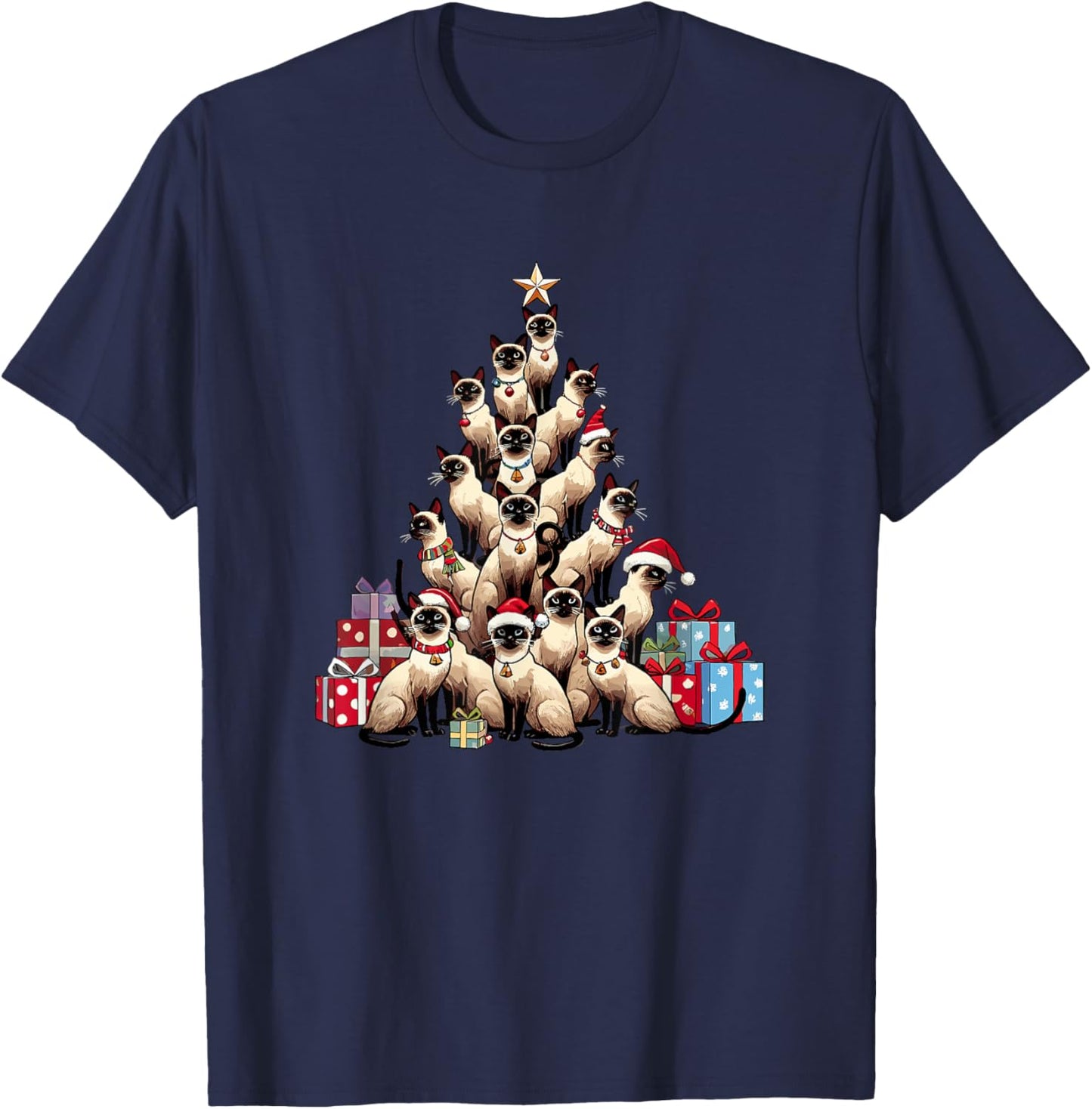 Christmas Tree Siamese Cat Women Kids T-Shirt - T-Shirt | Navy