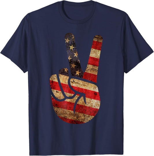 Vintage US American Flag Peace Sign Hand 4th of July T-Shirt - T-Shirt | Navy