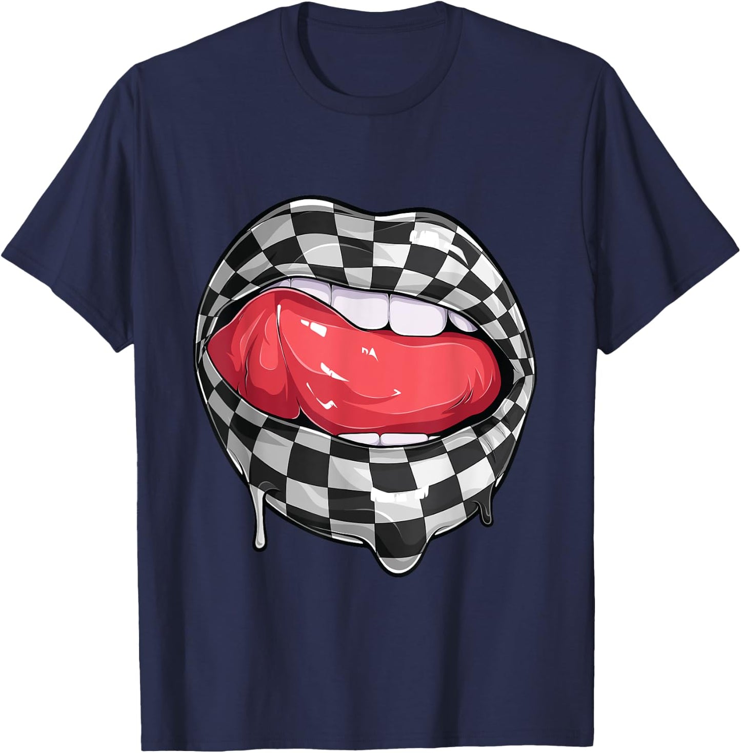Funny Checkered Black White Lip Racer Race racing car Women T-Shirt - T-Shirt | Navy