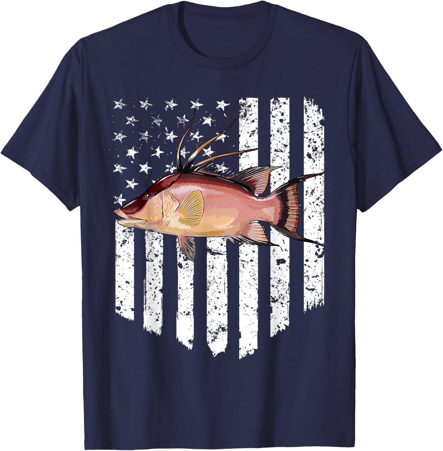 Black White American Flag Hogfish 4th Of July Fish Women Men T-Shirt - T-Shirt | Navy
