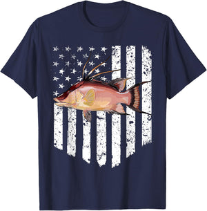 Black White American Flag Hogfish 4th Of July Fish Women Men T-Shirt - T-Shirt | Navy