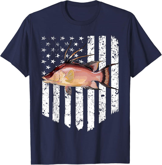 Black White American Flag Hogfish 4th Of July Fish Women Men T-Shirt - T-Shirt | Navy