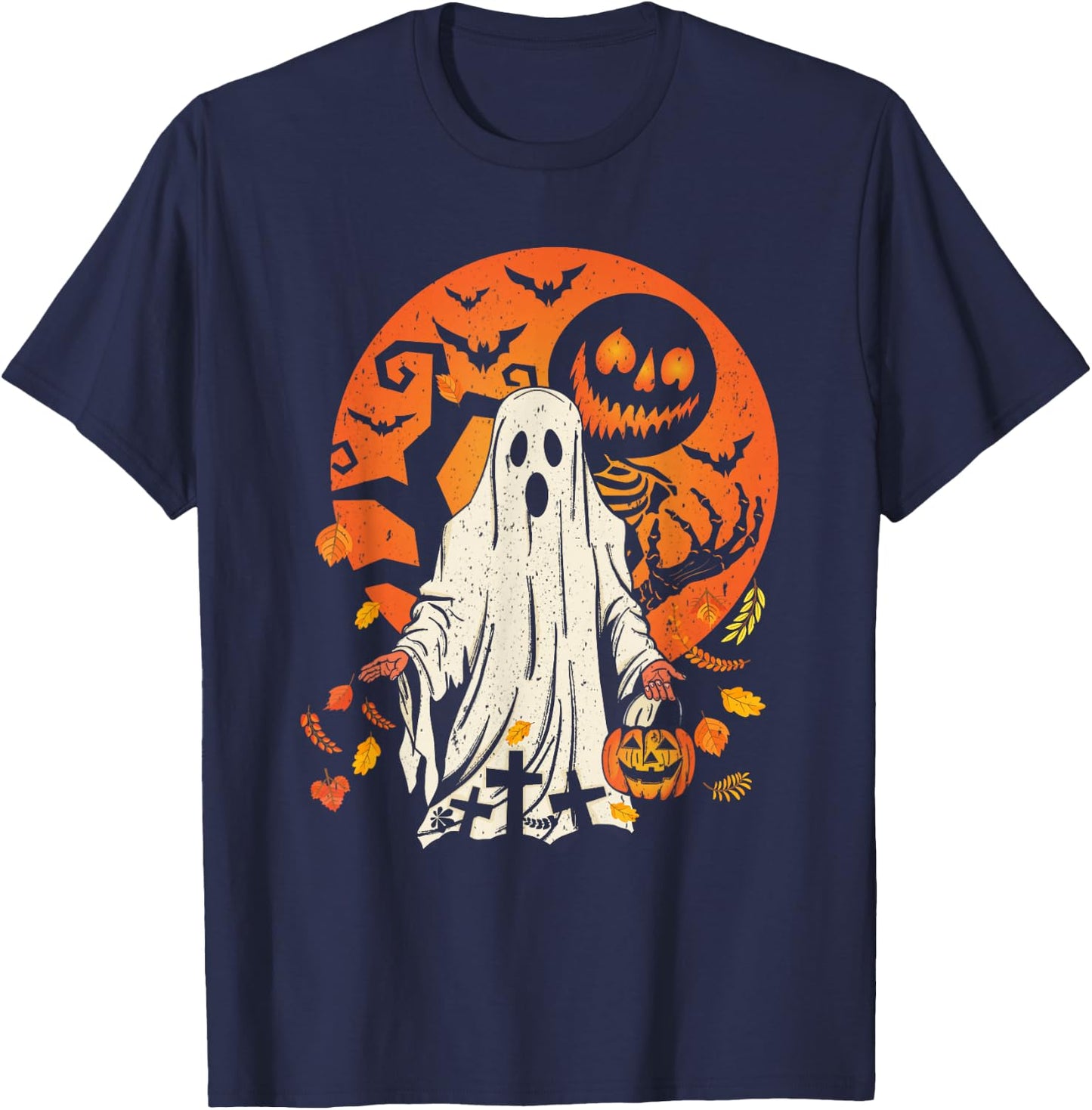 Cute Pumpkin Ghost And Autumn Leaves Halloween T-Shirt - T-Shirt | Navy