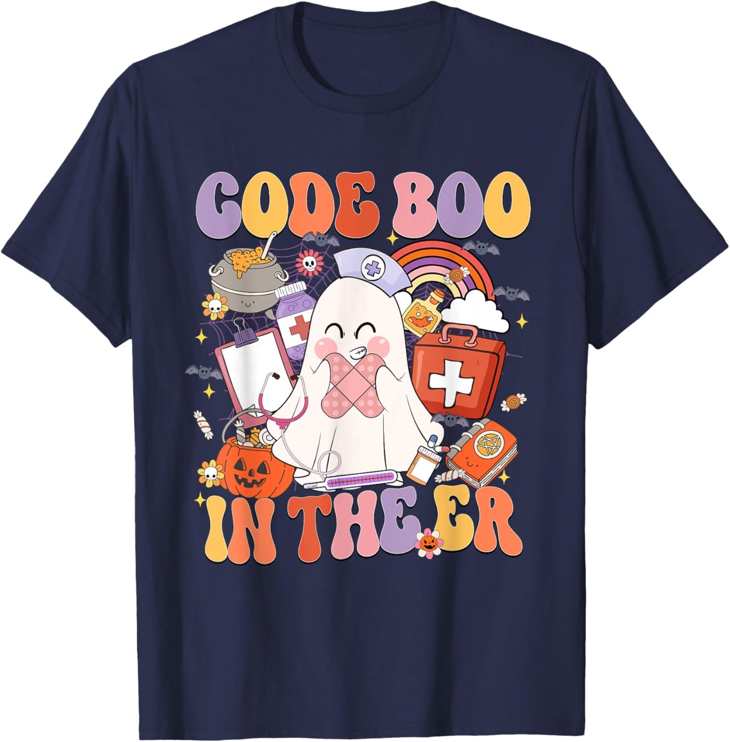 Code Boo In The ER Emergency Room Nurse Boo Halloween T-Shirt - T-Shirt | Navy