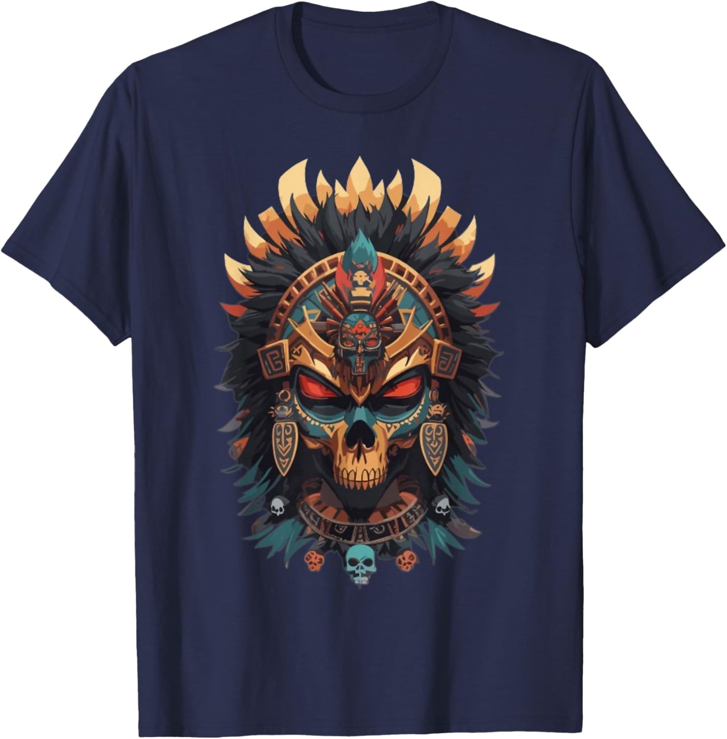 Ancient Aztec Skull King Shaman Mask Mexican Calavera Mayan T-Shirt - T-Shirt | Navy