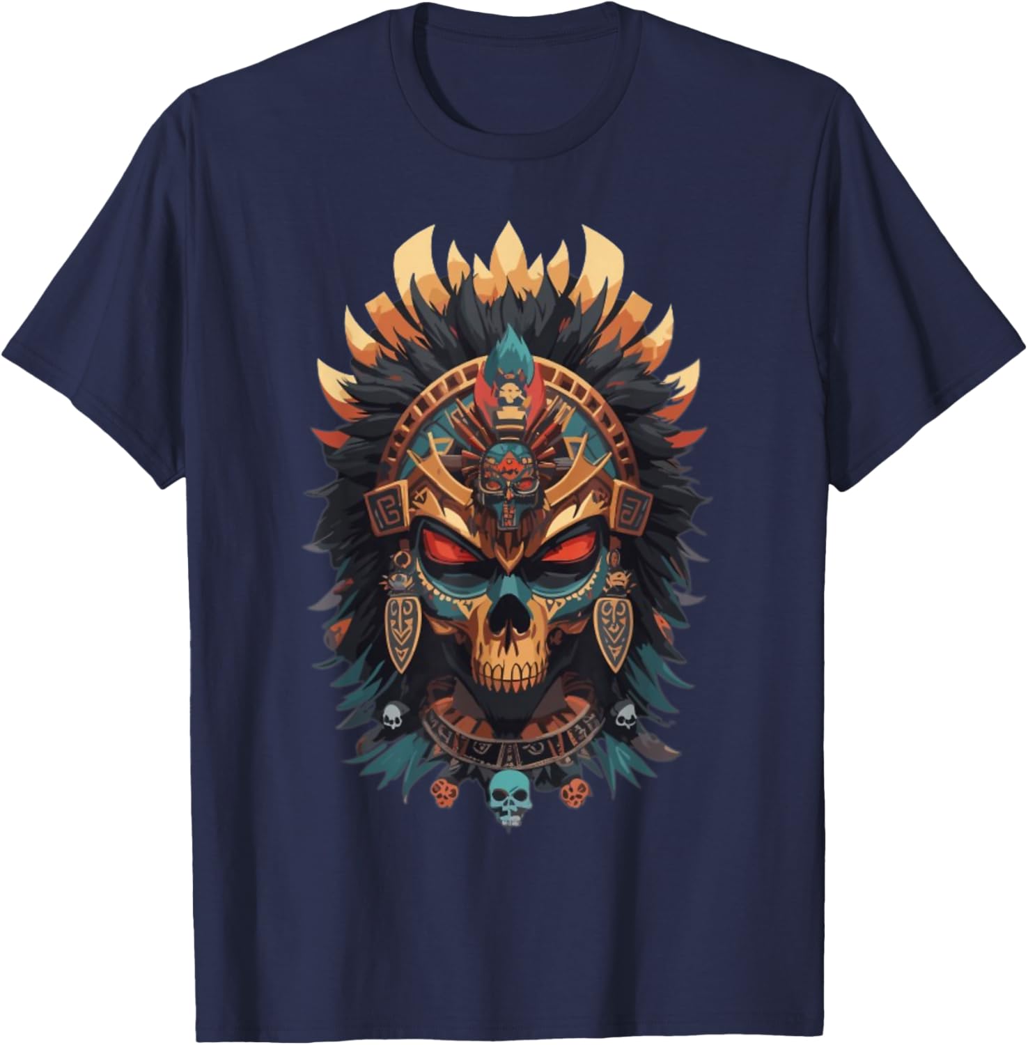 Ancient Aztec Skull King Shaman Mask Mexican Calavera Mayan T-Shirt - T-Shirt | Navy
