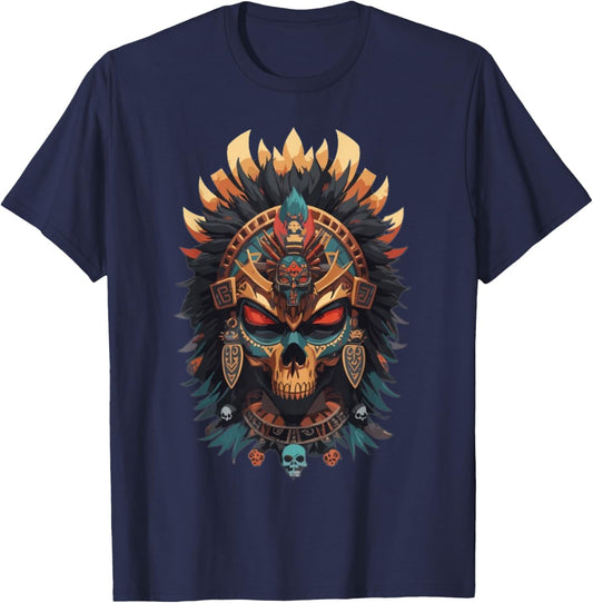 Ancient Aztec Skull King Shaman Mask Mexican Calavera Mayan T-Shirt - T-Shirt | Navy