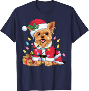 Family Xmas Lighting Santa Yorkie Dog Christmas T-Shirt - T-Shirt | Navy