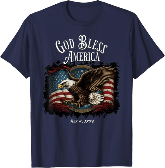 God Bless America Flying Eagle American Flag July 4, 1776 Women Kids Men T-Shirt - T-Shirt | Navy